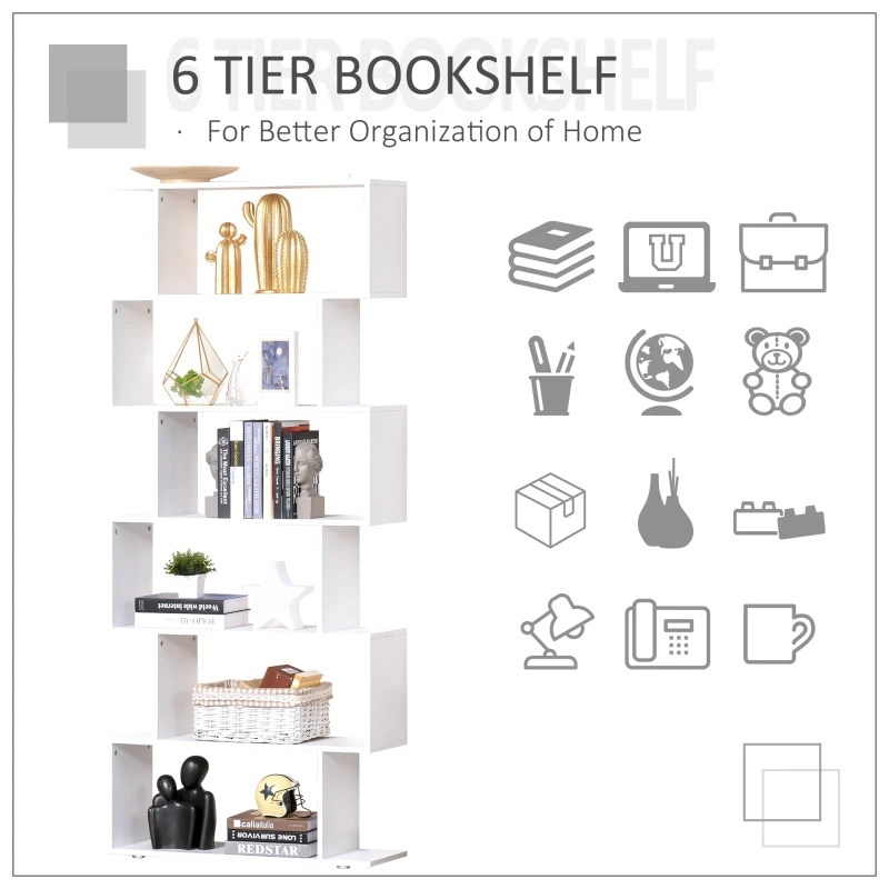 HOMCOM S Shape Wooden 6-tier Bookshelf Open Concept Bookcase Storage Display Unit for Home Office Living Room, White