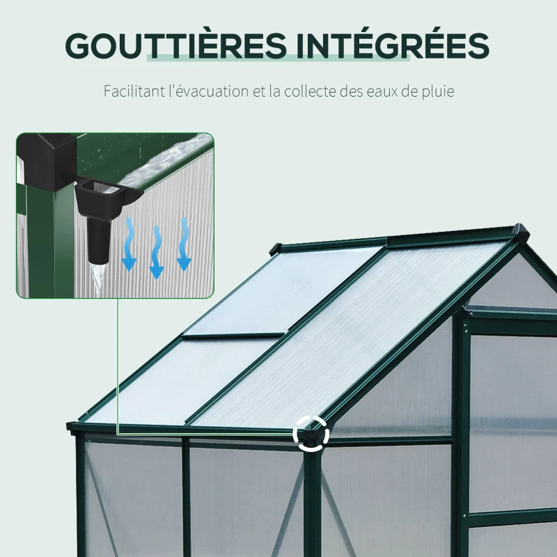 Outsunny Serre de jardin polycarbonate 190 x 132 x 201 cm résistant aux UV 30+ fondation renforcé gouttière vert foncé
