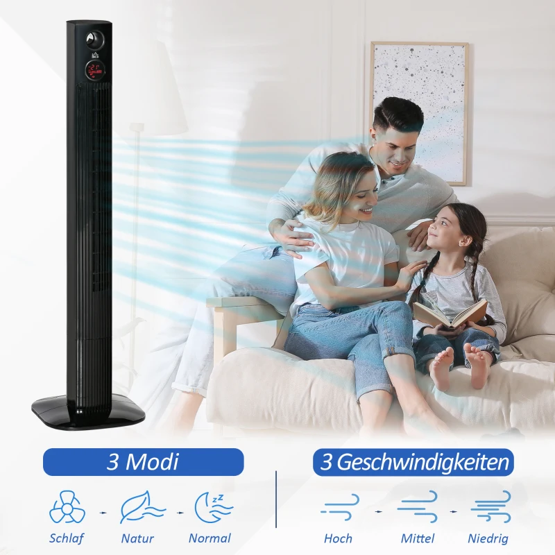 HOMCOM Turmventilator mit Fernbedienung 45W 70° Oszillation Säulenventilator Ventilator mit Aroma-Diffusor Timer-Funktion 3 Belüftungsstufen Schwarz