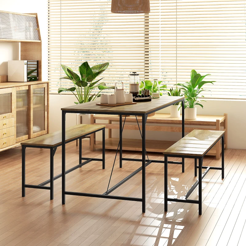 HOMCOM Essgarnitur, Tisch & 2 Bänke, Industrial Design, Stahlrahmen, Holzdekor/Schwarz
