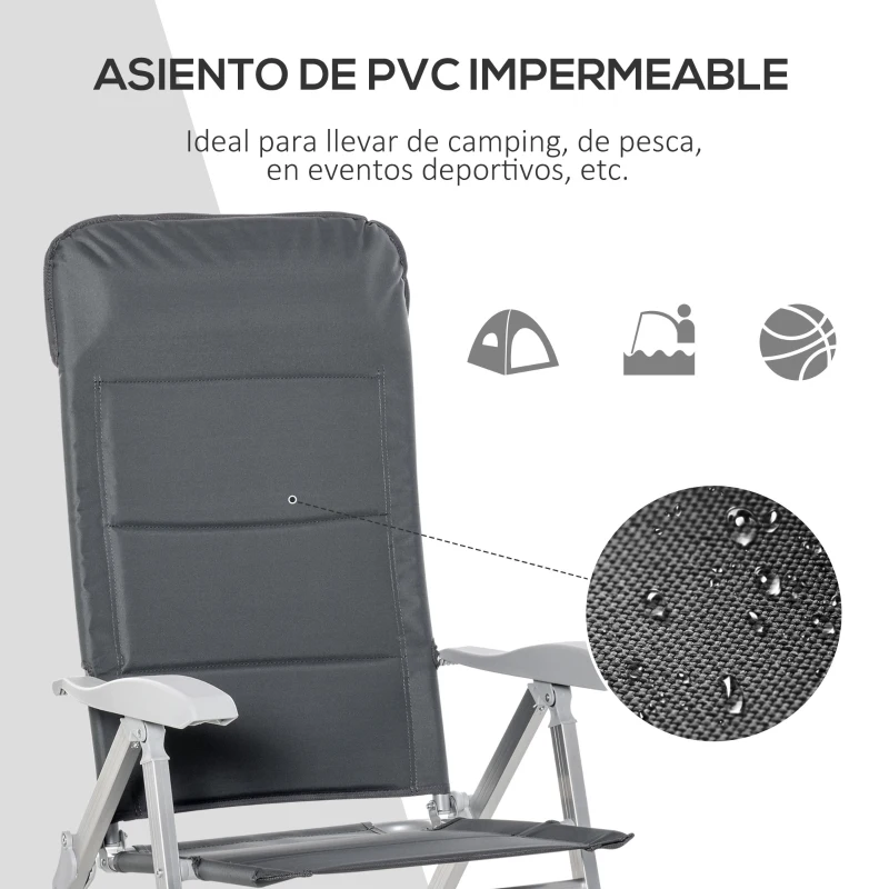 Outsunny Silla de Jardín Plegable Portátil de Aluminio con Respaldo Alto Ajustable en 7 Posiciones y Reposacabezas Acolchado para Exterior Terraza Camping 75x61,5x114,5 cm Gris