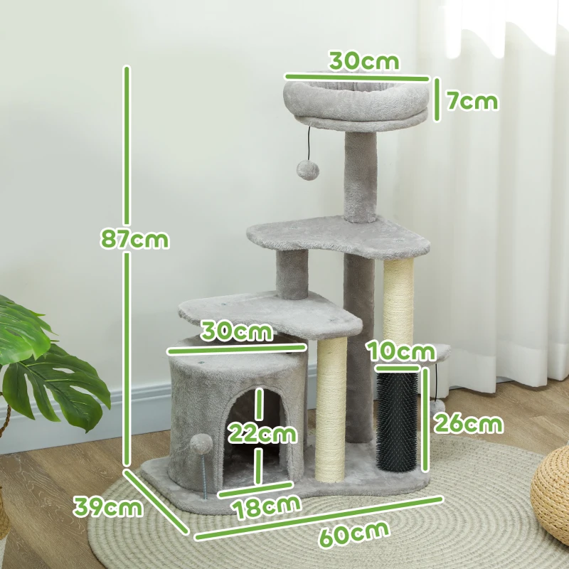 PawHut Katzen-Spielzentrum mit Kratzbaum, Bett, Spielbällen, Plüsch, 60 x 39 x 87 cm, Hellgrau/Creme