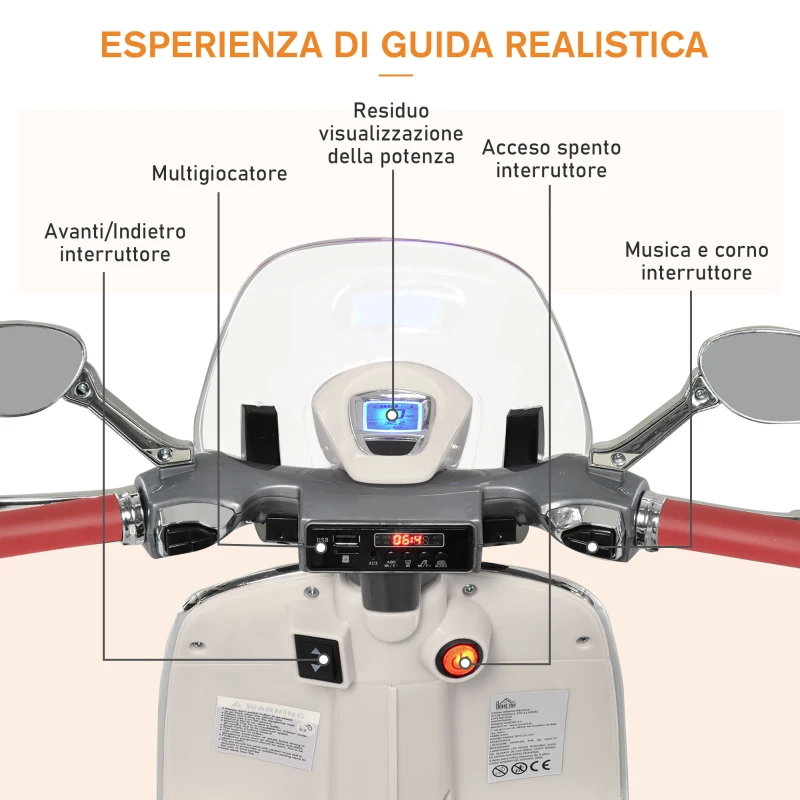 HOMCOM Moto Elettrica per Bambini con Licenza Ufficiale Vespa, 2 Rotelle, Luci e Suoni, 108x49x75 cm, Bianca