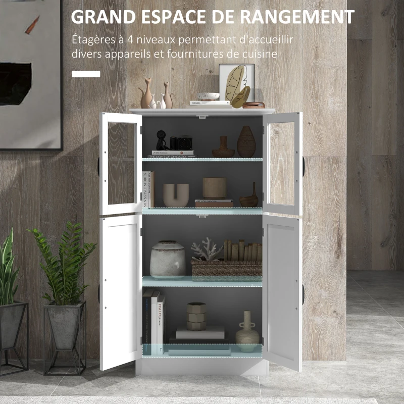 HOMCOM Buffet de cuisine armoire multi-rangements 2 placards, portes en verre, 4 étagères en bois blanc