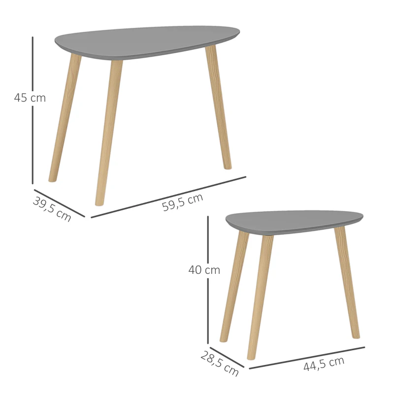 HOMCOM Juego de 2 Mesas Auxiliares Mesas Nido con Patas de Madera 59,5x39,5x45 cm y 44,5x28,5x40 cm Gris y Natural
