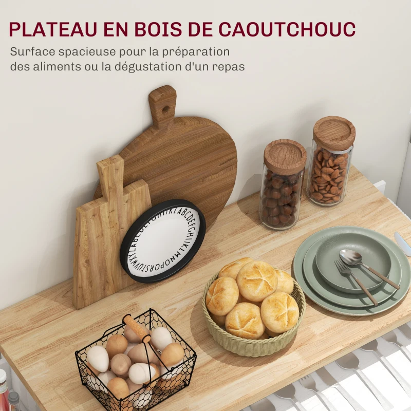 HOMCOM Desserte ilot de cuisine multi-rangements tiroir placards étagère, 115,5L x 46,2l x 86,5H cm, bois d'hévéa blanc