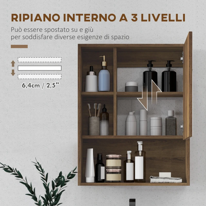 kleankin Armadietto Bagno con Specchio, Ripiani e Scaffale Regolabile, Montaggio a Parete, 60x15x76cm, Noce