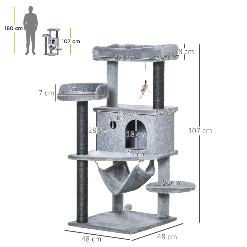 PawHut Árbol Rascador para Gatos 48x48x107 cm Torre para Gatos con Cueva de Fieltro Desmontable Hamaca Camas Plataformas Gris