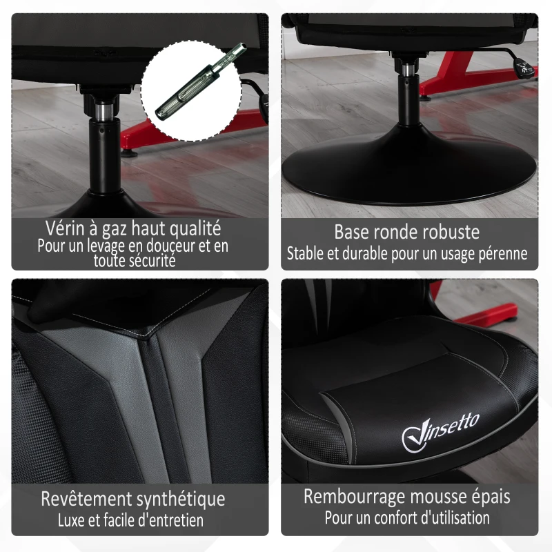 Vinsetto Fauteuil gamer chaise de jeu gaming pivotante 360° ergonomique hauteur réglable accoudoirs revelables coussin têtière inclus revêtement similicuir 67 x 70 x 106-112 cm gris clair et noir