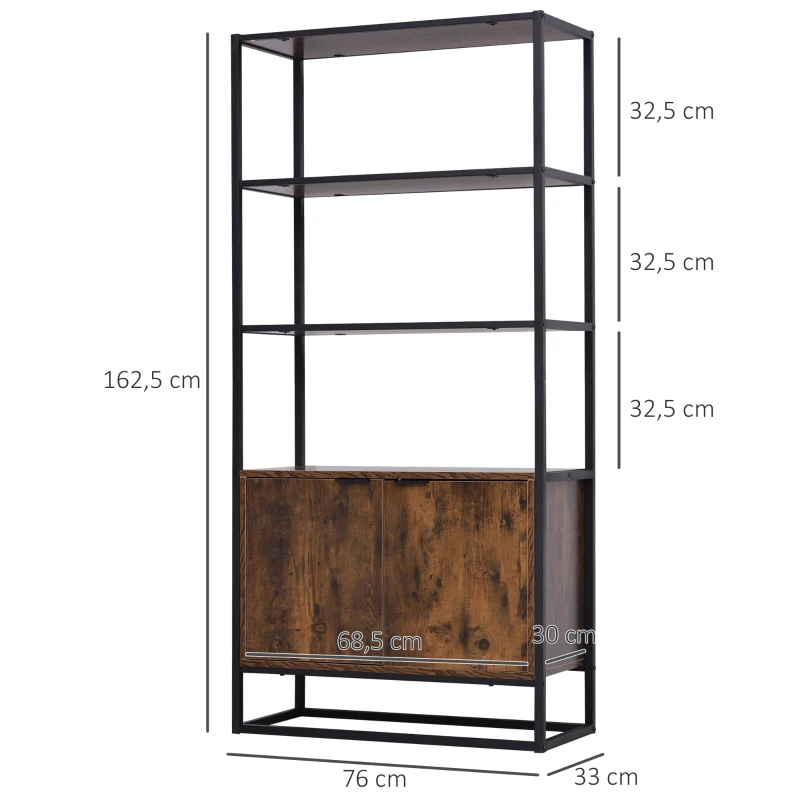 HOMCOM Bücherregal Standregal Büroregal Aktenregal Küchenregal 3 Regale mit 1 Schrank Industrie-Design E1 Spanplatte Metallrahmen Braun 76 x 33 x 162,5 cm