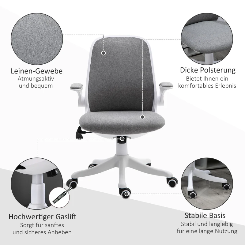 Vinsetto Bürostuhl Schreibtischstuhl Drehstuhl mit Wippfunktion Armlehne verstellbar höhenverstellbar ergonomisch Leinenimitat Nylon Grau+Weiß 62,5 x 60 x 94-104 cm