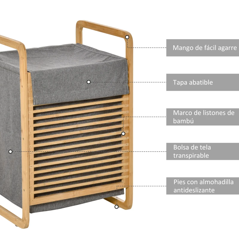 HOMCOM Cesto para Ropa Sucia de Bambú Cesto Rectangular de Ropa Portátil con Tapa y Bolsa Extraíble Mueble de Baño Dormitorio 40x35,5x60,5 cm Color Natural y Gris