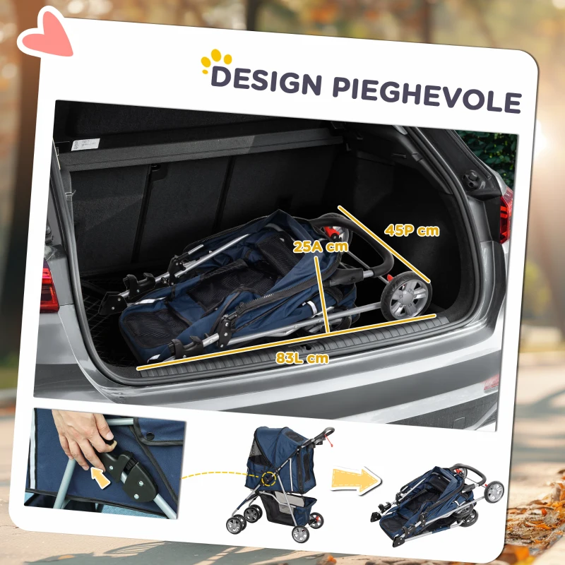 PawHut Passeggino per Cani Pieghevole con Cestino e Portabicchiere, Peso Max. 10 kg, 75x45x97cm, Blu Scuro