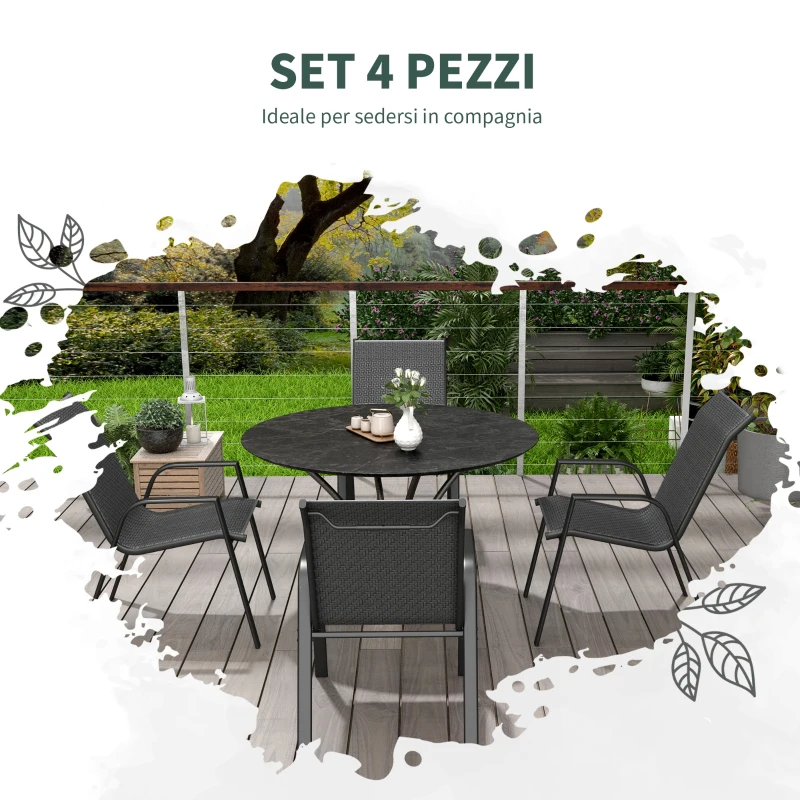 Outsunny Set 4 Sedie da Giardino Impilabili con Braccioli in Rattan PE e Acciaio, Grigio
