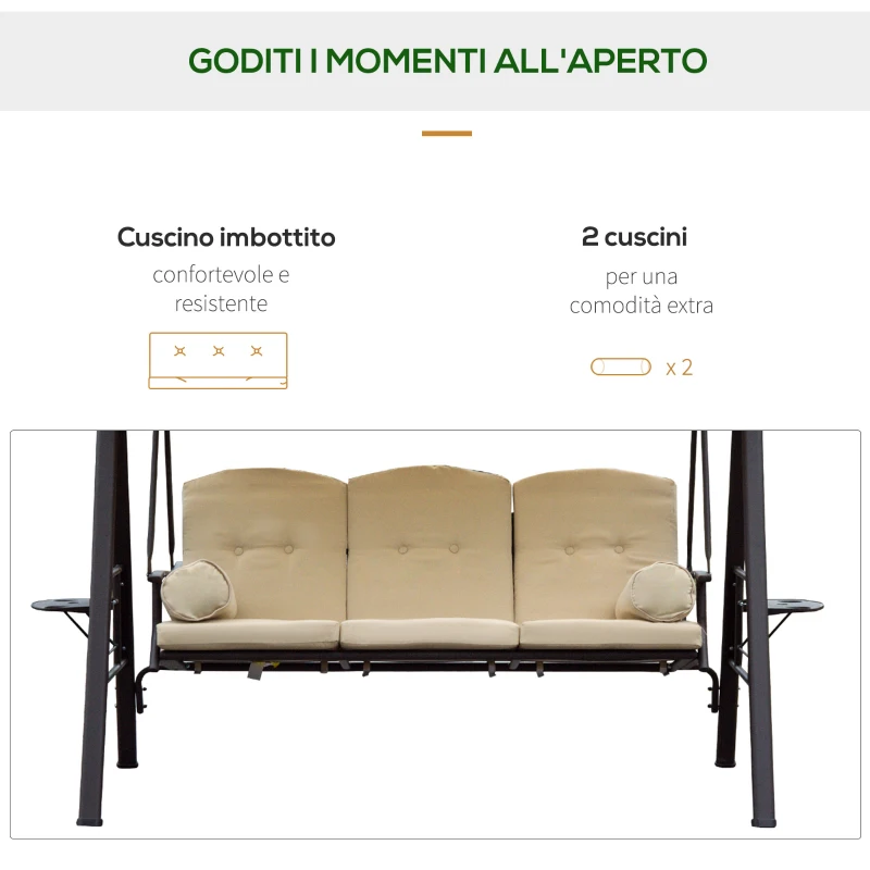 Outsunny Dondolo da Giardino 3 Posti in Metallo, Dondolo da Esterno con Tetto Inclinabile e Cuscini Imbottiti, 208x121x172 cm, Beige