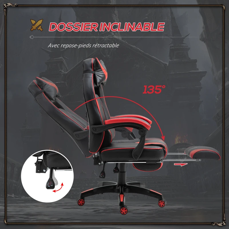 HOMCOM Fauteuil gamer, chaise gaming, siège de bureau réglable, avec repose-pieds et coussin, pivotant inclinable revêtement synthétique noir rouge