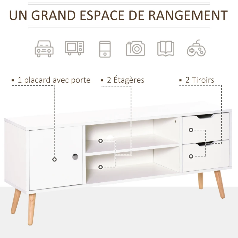 HOMCOM Meuble TV Banc TV Style scandinave Placard 2 niches 2 tiroirs Passe-Fils Panneaux Particules Blanc Bois pin