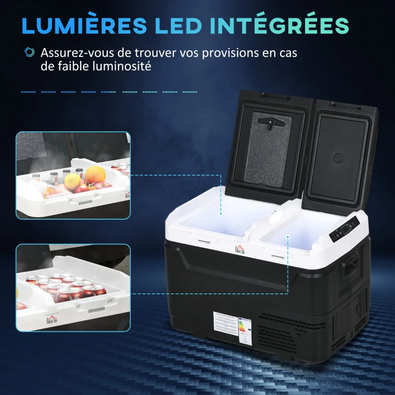 HOMCOM Glacière électrique portable avec 2 zones - contenance 40 L, lumière LED, 12/24 V DC et 100-240V AC, jusqu'à -20°C