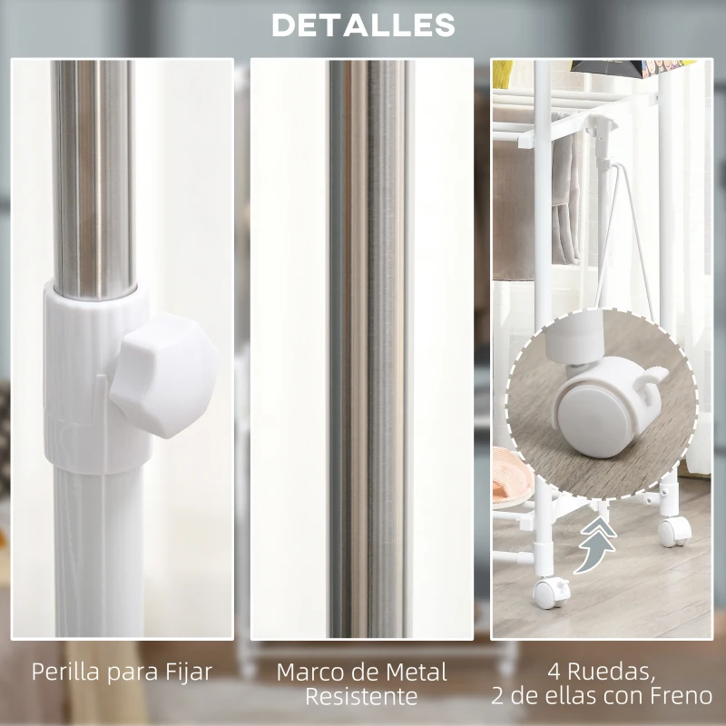 HOMCOM Perchero Plegable para Ropa con Ruedas Barras para Colgar Extensibles Altura Ajustable y 2 Estantes Tendedero de Ropa Tipo Torre 88-157x50x95-160 cm Blanco