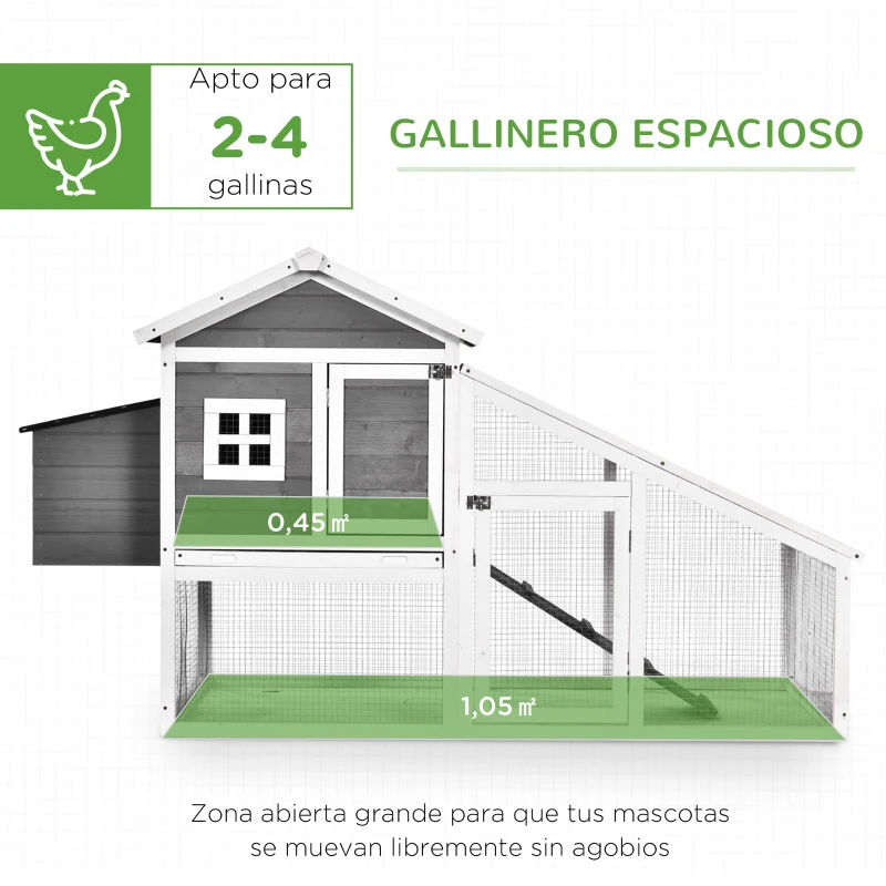 PawHut Gallinero para Exterior de 2 Niveles con Nido Zona Abierta Techo Asfáltico Bandeja Extraíble 175,4x95,5x100 cm Gris