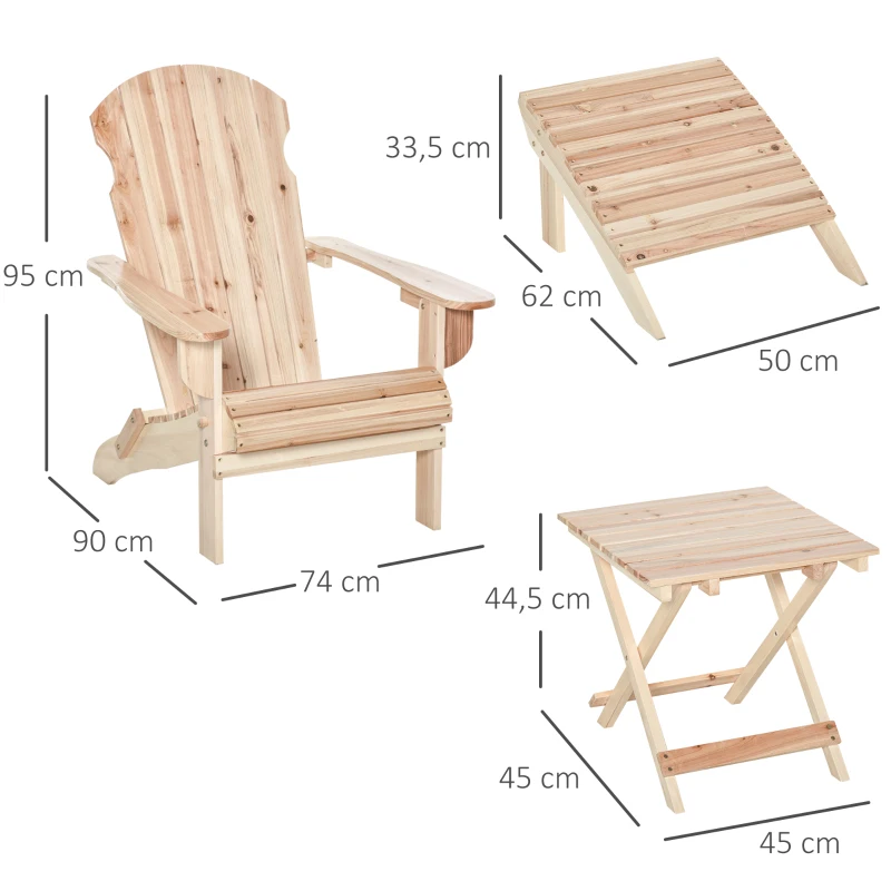 Outsunny Fauteuil de Jardin Adirondack Pliable avec Repose-Pied et Table Basse Bois Sapin traité Naturel