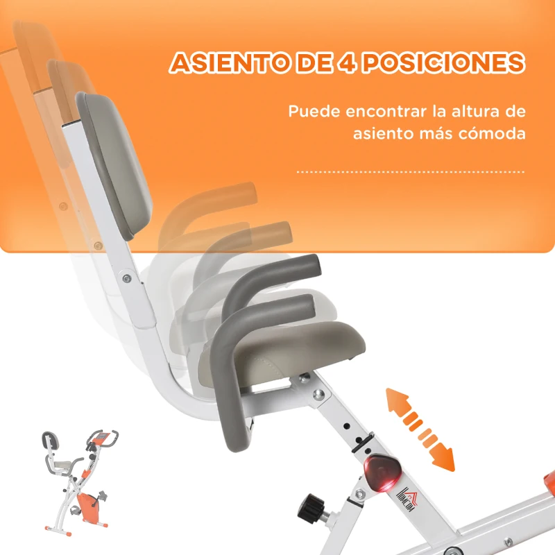 HOMCOM Bicicleta Estática Plegable Regulable en Altura Resistencia Magnética Ajustable Bici Estática con Pantalla LCD Asiento con Respaldo Sensor de Pulso Carga 120 kg para Casa 105x48x118 cm Naranja