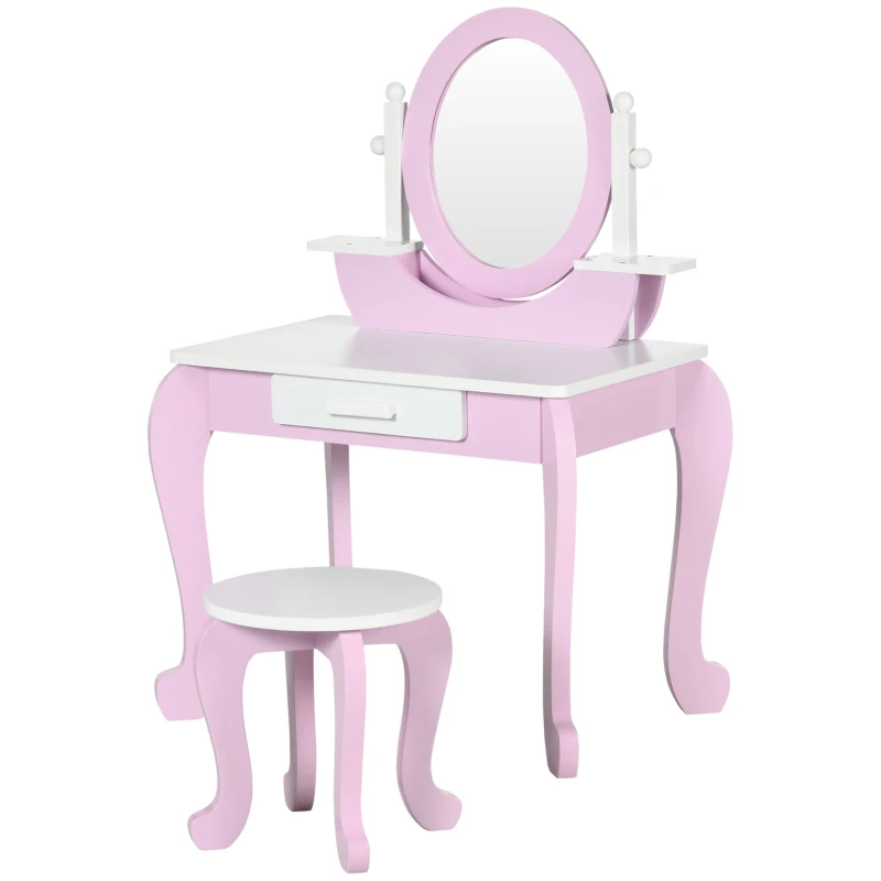 ZONEKIZ Tocador de Madera Infantil con Taburete y Espejo Centro de Belleza con 1 Cajón para 3-6 Años 65,5x46x93 cm Rosa