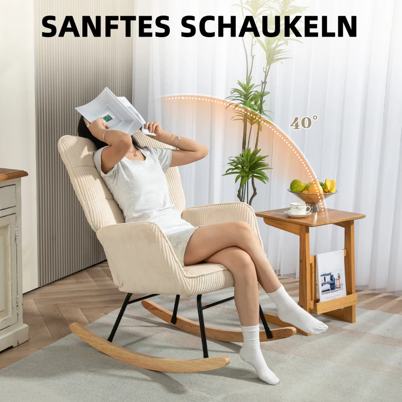 HOMCOM Vintage Schaukelstuhl, geschwungene Kufen, dicke Polsterung, Buchenholz & Stahl, Beige(m-4)