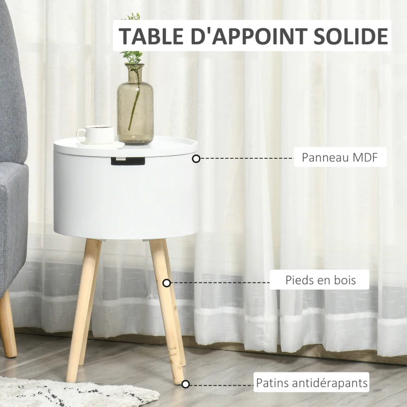 HOMCOM Table basse table de chevet avec compartiment de rangement - bout de canapé table d'appoint design scandinave - MDF bois de pin - blanc