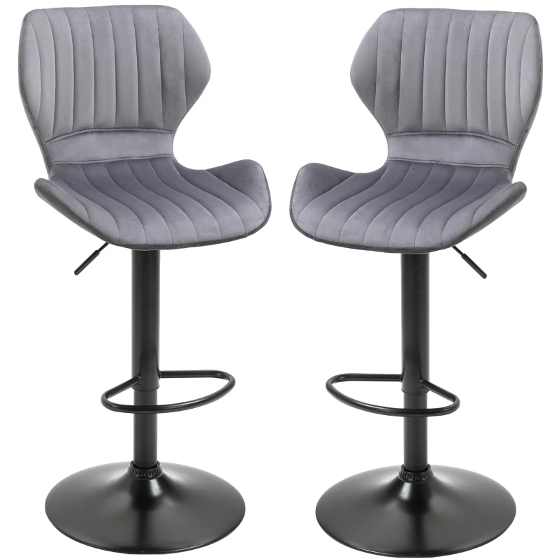 HOMCOM Bar Stool Set of 2 Velvet-Touch Fabric Adjustable Height Swivel Counter Chairs with Footrest, Grey