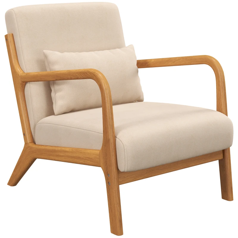 HOMCOM Fauteuil lounge - 3 coussins inclus - assise profonde - accoudoirs - structure bois hévéa - aspect velours beige