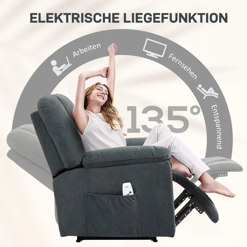 HOMCOM Elektrischer Relaxsessel mit Massage- und Wärme-Funktionen, Polstersessel mit USB-Anschluss, Seitentaschen, Grau(m-5)