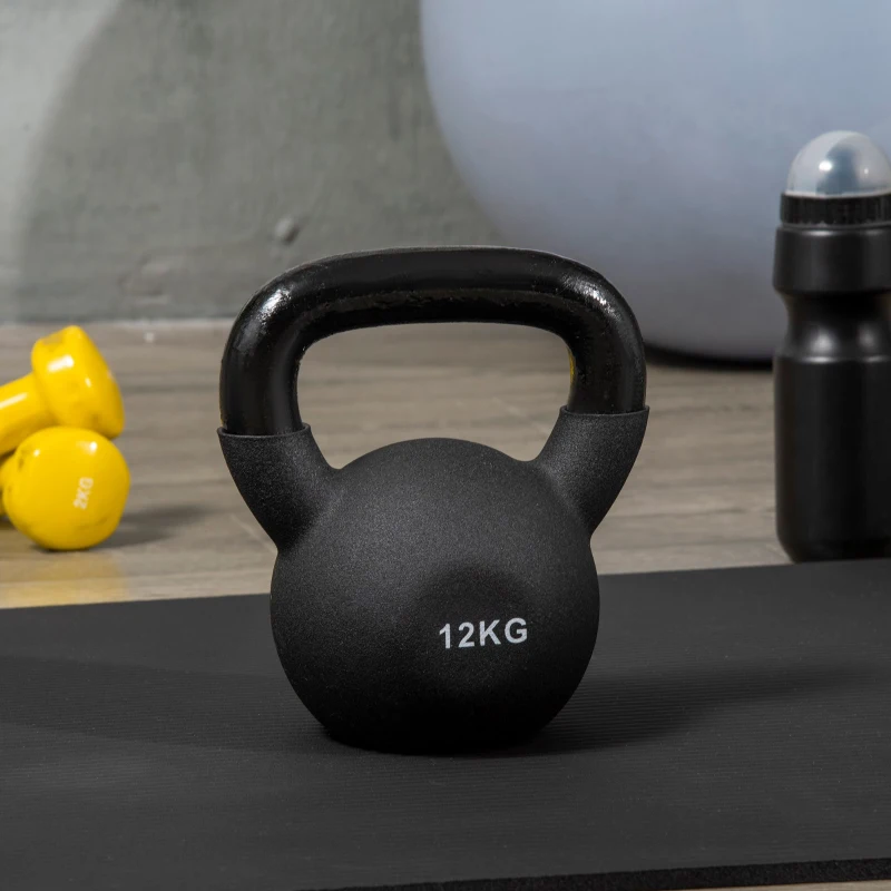 HOMCOM Kettlebell, Kugelhantel, 12 kg, mit Kunststoffummantelung, Stahl, schwarz 20 x 13 x 22cm