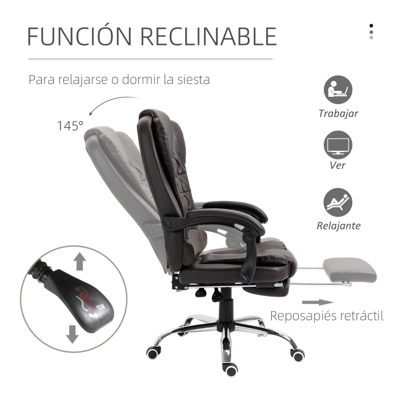 HOMCOM Silla de Escritorio con Reposapiés Silla Ejecutiva Giratoria con Altura Ajustable Tapizada en PU y Reposabrazos Café