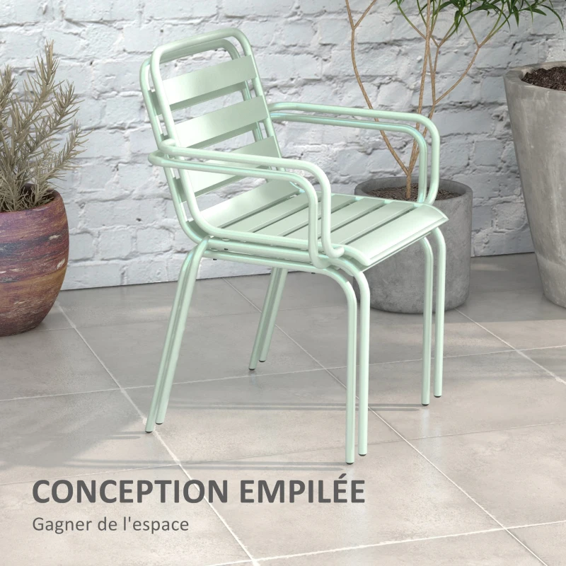 Outsunny Ensemble bistro de jardin 3 pièces salon de jardin 2 chaises empilables avec accoudoirs + table basse ronde en acier