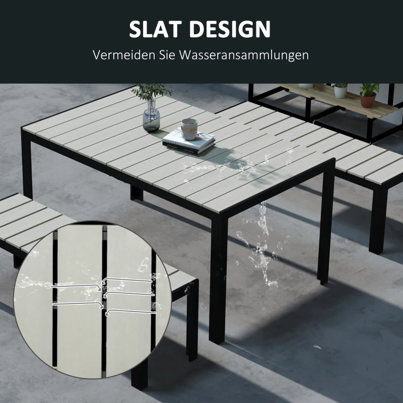 Outsunny Terrassenmöbel-Set, 3-teilig, 2 Bänke & 1 Tisch, Metallrahmen, Holzoptik, Grau