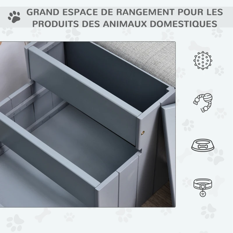 PawHut Escalier pour chien animaux rampe 3 marches revêtement tapis coffre interne rangement gris