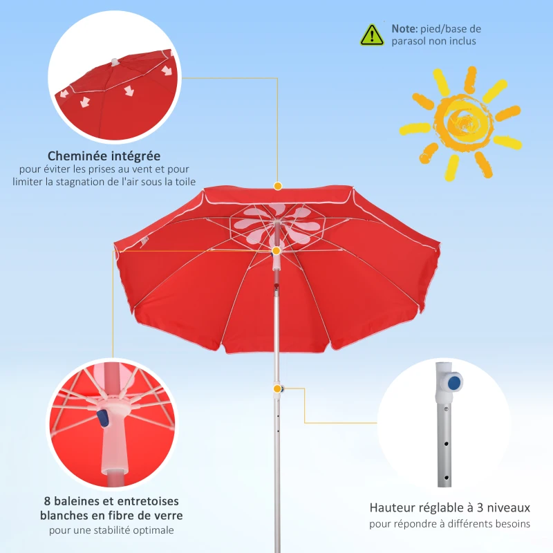 Outsunny Parasol de plage parasol inclinable octogonal Ø 180 cm tissu polyester haute densité anti-UV hauteur réglable mât aluminium sac de transport inclus rouge
