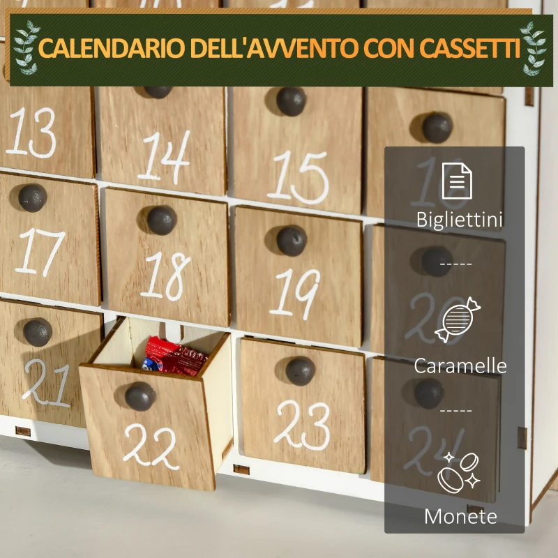 HOMCOM Calendario Avvento di Natale in Legno a forma di Libro con Temi natalizi, 22x7x32 cm, Bianco e color Legno