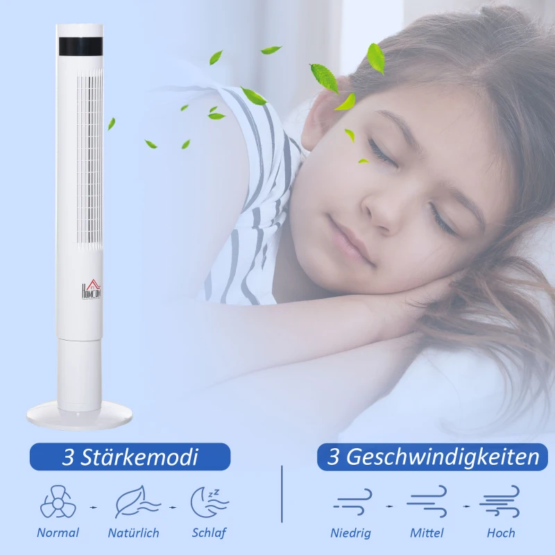HOMCOM Turmventilator, Standventilator mit 3 Belüftungsstufen, Fernbedienung, 50W Ventilator mit 12H Timer, LCD-Anzeige, 85° Oszillation, für Schlafzimmer, Weiß