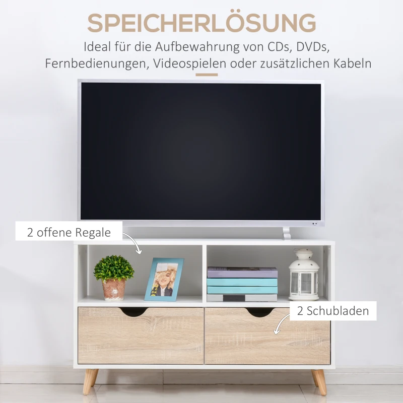 HOMCOM TV-Schrank, TV-Kommode mit Schubladen, Offene Regale, Holz, 99 x 39 x 58 cm, Weiß