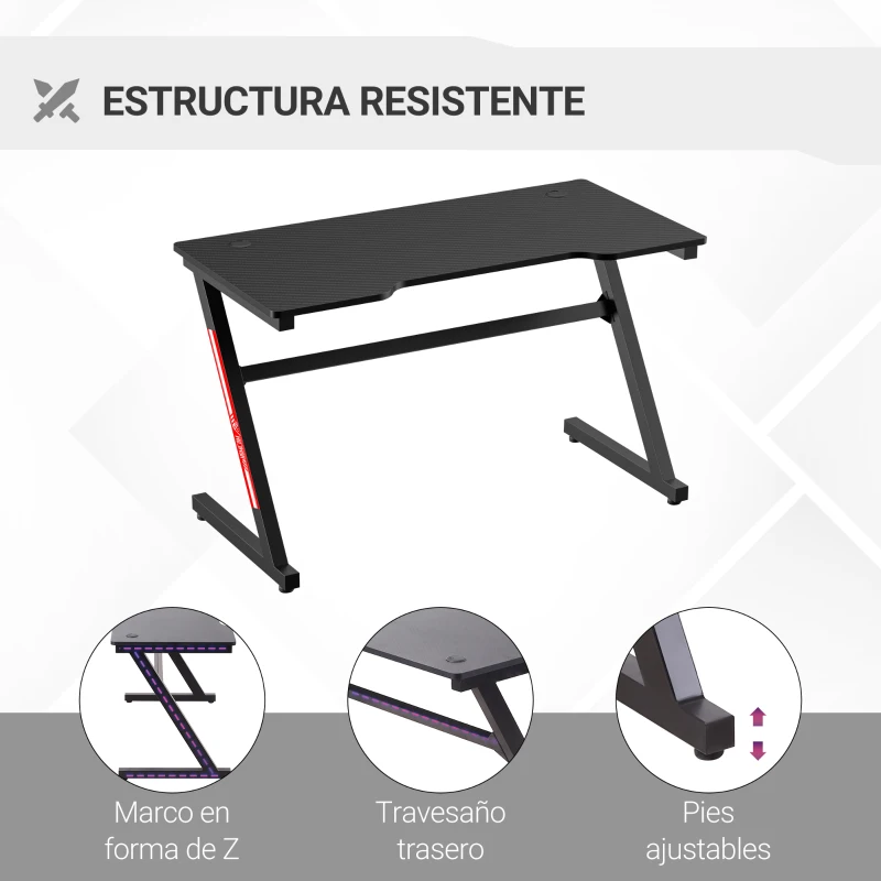 HOMCOM Mesa Gaming Ergonómica 120x60x73 cm Escritorio para Computadora PC con Patas Ajustables Encimera Efecto Fibra de Carbono y Orificio de Pasacables Carga 150 kg Negro