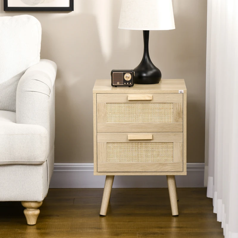 HOMCOM Mesita de Noche Estilo Cannage Mesilla de Noche con 2 Cajones y Patas de Madera para Salón Dormitorio 40x40x56cm Natural(m-7)