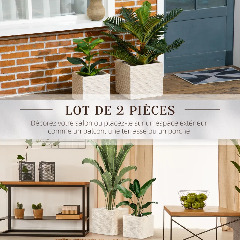 Outsunny Lot de 2 pots de fleurs empilables en oxyde de magnésium avec trou de drainage pour intérieure extérieur beige