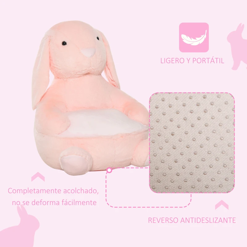 HOMCOM Puff Infantil Diseño de Conejo Sillón para Niños 18-36 Meses con Cojín Antideslizante para Dormitorio Sala de Juegos 60x50x59cm Rosa