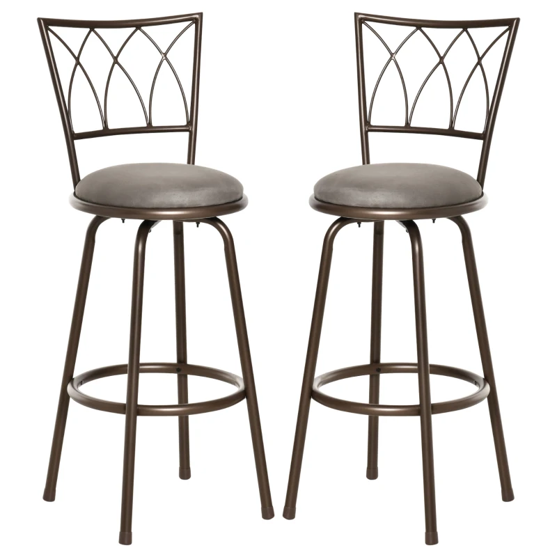 HOMCOM Set of 2 Bar Chairs Swivel Armless Upholstered Metal Frame Barstools with Backrest & Footrest, Bronze
