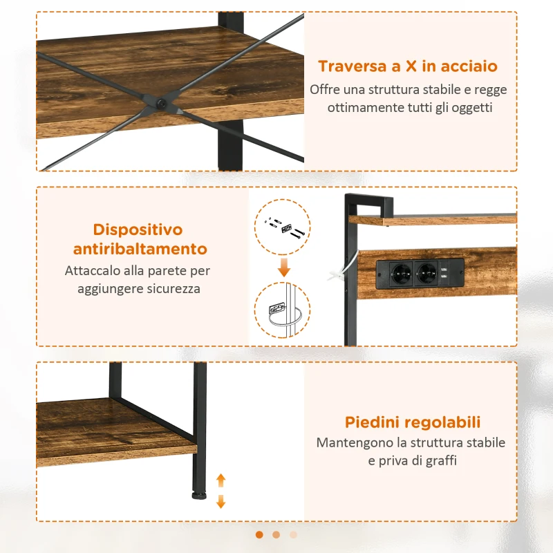 HOMCOM Scaffale Cucina Multipresa per Microonde con Ripiani e Cestino a Rete, 90x42x130cm, Marrone