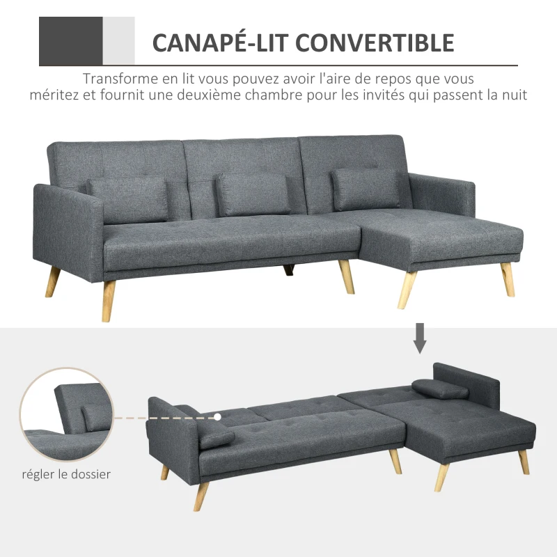HOMCOM Canapé d'angle convertible avec méridienne 3 places accoudoirs 3 coussins rembourrées 245 x 127 x 83 cm gris