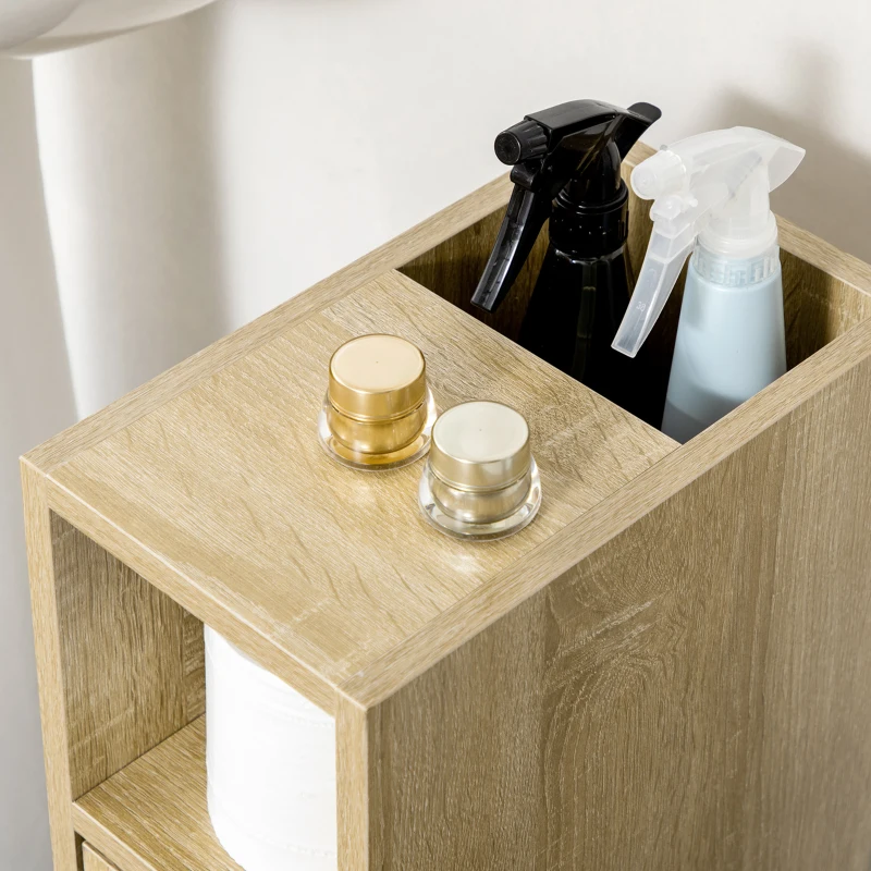 Kleankin Armadietto da Bagno a Colonna, Mobile Bagno con 4 Ruote, 1 Cassetto 1 Armadietto con Anta 2 Armadietti Aperti, Color Rovere, 18x30x68.5 cm