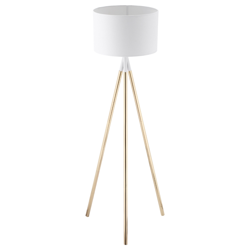 HOMCOM Lámpara de Pie con Trípode de Metal E27 Máx. 40W Pantalla de Tela e Interruptor de Pie Lámpara de Suelo Moderna para Salón Dormitorio Ø53x144 cm Blanco y Dorado